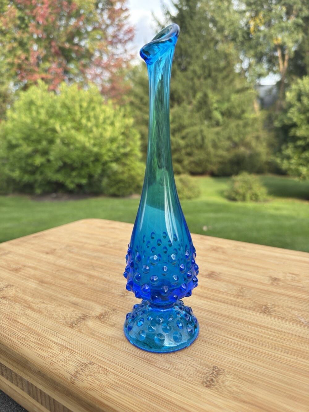 Fenton Vintage Blue Hobnail Glass Bud Swung Vase 9 inches MCM